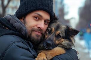 ai generado un hombre y su perro en el ciudad foto