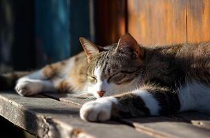 ai generado descansando gato en de madera banco foto