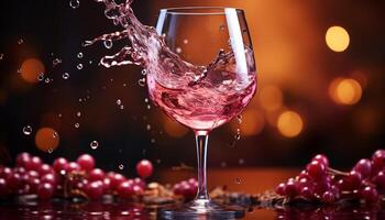 AI generated Splashing red wine, glass reflecting celebration, pouring liquid on table generated by AI photo