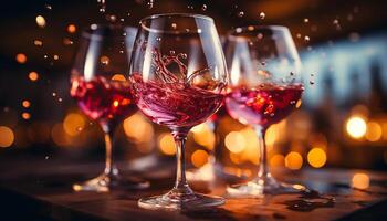 AI generated Celebration night wineglass pouring red wine, glass illuminated with elegance generated by AI photo