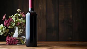 AI generated Wine bottle on wooden table, flower bouquet, nature celebration generated by AI photo