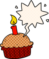 cartoon birthday cupcake with speech bubble in comic book style png