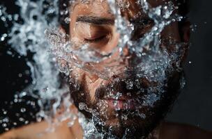 AI generated Bearded man with splashing water photo