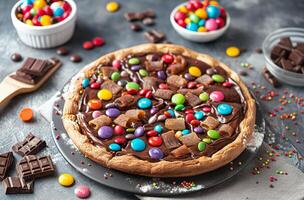 AI generated Chocolate candy cookie pizza photo