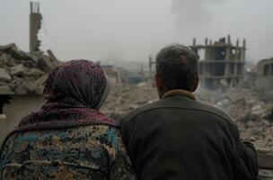 AI generated Couple observes devastation aftermath photo