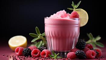 AI generated Fresh raspberry cocktail, a summer drink with ice and berries generated by AI photo