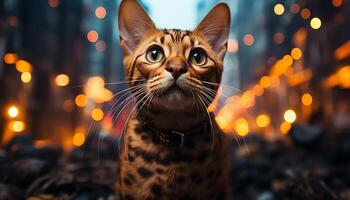 AI generated Cute kitten staring, playful and illuminated in Halloween celebration generated by AI photo