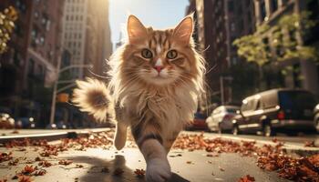 AI generated Cute kitten and playful puppy walking outdoors, enjoying autumn nature generated by AI photo