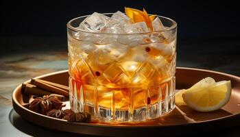 AI generated Refreshing whiskey cocktail on wooden table with citrus fruit garnish generated by AI photo