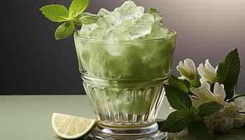 AI generated Freshness in a glass mint, lemon, ice, and green summer generated by AI photo