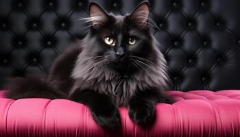 AI generated Cute kitten sitting on sofa, looking at camera, fluffy fur generated by AI photo