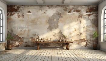 AI generated Modern design meets old fashioned creativity in this rustic, empty loft apartment generated by AI photo