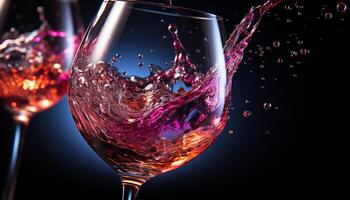 ai generado lujo Copa de vino torrencial rojo vino, celebrando con elegancia y romance generado por ai foto