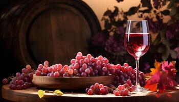 AI generated Ripe grape, wood barrel, red wine, autumn leaf, rustic table generated by AI photo