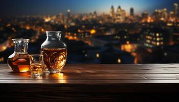 ai generado Noche paisaje urbano con iluminado bar, whisky botella, y bebida establecimiento generado por ai foto