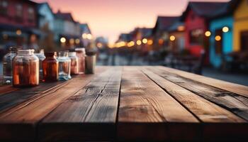 AI generated Wooden table in the outdoors, illuminated by a rustic lantern generated by AI photo