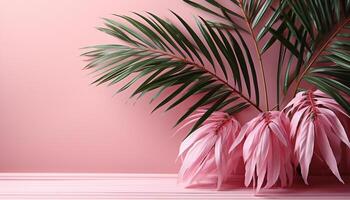 AI generated Abstract pink flower wallpaper with green palm tree leaves generated by AI photo