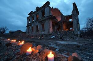 AI generated Candles of remembrance at bombed site photo