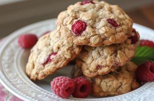 AI generated Stacked oatmeal raspberry cookies photo