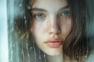 AI generated Girl gazes through rainy glass photo