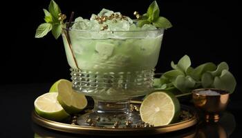 ai generado frescura en un vaso mojito cóctel con Lima, menta, y hielo generado por ai foto