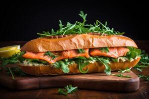 AI generated Savory Salmon sandwich rucola. Generate Ai photo