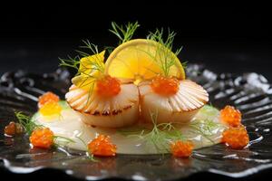 AI generated Delicious Scallop dish served plate. Generate Ai photo