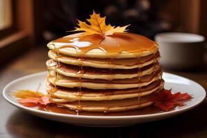 AI generated Pancakes maple syrup flower. Generate Ai photo