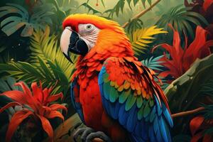 AI generated Parrot macaw tropical island closeup head. Generate Ai photo