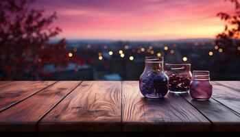 AI generated Wooden table with wine bottle and glass, cityscape at dusk generated by AI photo