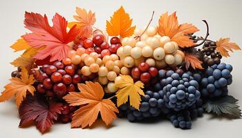 AI generated Autumn vibrant colors leaf, grape, pumpkin, rowanberry, apple, gourd generated by AI photo