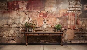 AI generated Rustic brick wall, old chair, empty vase, nature creativity generated by AI photo