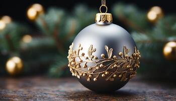 AI generated Shiny gold ornament decorates Christmas tree, glowing with festive cheer generated by AI photo