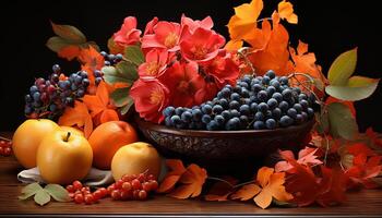 AI generated Autumn vibrant colors decorate the table with fresh fruit generated by AI photo