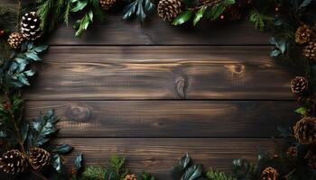 AI generated Rustic wood table decorates winter celebration with nature ornament generated by AI photo