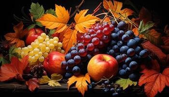 AI generated Autumn vibrant colors leaf, grape, pumpkin, apple, rowanberry, gourd generated by AI photo