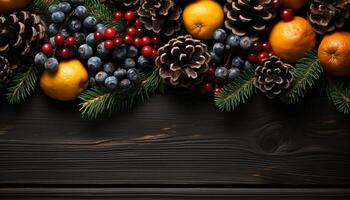 AI generated Rustic wood table adorned with festive Christmas decorations and fruit generated by AI photo