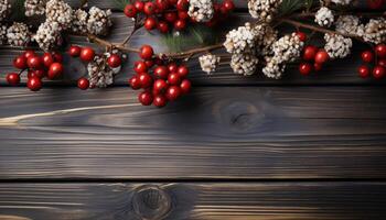 AI generated Rustic wood table adorned with holly wreath, berries, and ornaments generated by AI photo