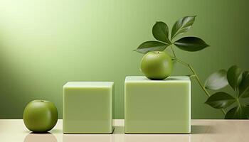ai generado Fresco verde manzana en mesa, simbolizando sano comiendo y equilibrar generado por ai foto