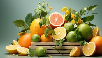 AI generated Fresh citrus fruits, nature healthy, vibrant, juicy, and refreshing gift generated by AI photo