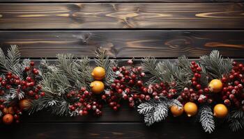 AI generated Rustic wood table with ornate Christmas decorations and festive gifts generated by AI photo