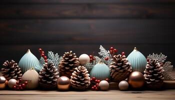 AI generated Christmas decoration on wooden table, snowflake pattern, illuminated with gold generated by AI photo