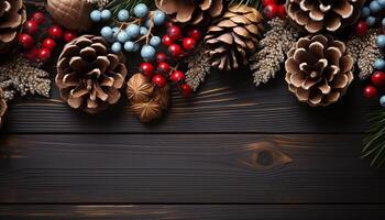 AI generated Rustic wood table with homemade pine cone decorations generated by AI photo