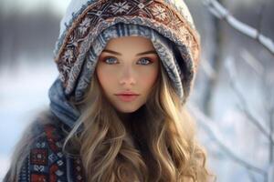 AI generated Russian girl winter clothes sunny light. Generate Ai photo