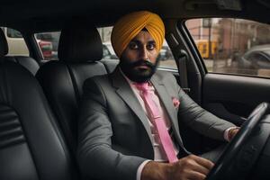 AI generated Sikh adult taxi driver city street. Generate AI photo