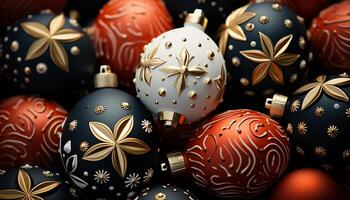 AI generated Christmas ornament decoration, shiny gold ball, winter snowflake pattern generated by AI photo