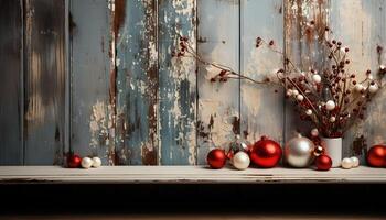 AI generated Rustic wood table adorned with shiny Christmas ornaments and gifts generated by AI photo