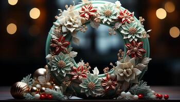 AI generated Winter celebration gift tree, Christmas decoration design, wreath illustration generated by AI photo