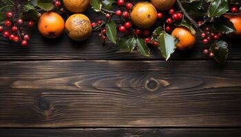 ai generado rústico madera mesa decorado con Navidad adornos y Fresco Fruta generado por ai foto