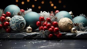 ai generado Navidad ornamento decoración en oscuro madera mesa, brillante con humor generado por ai foto